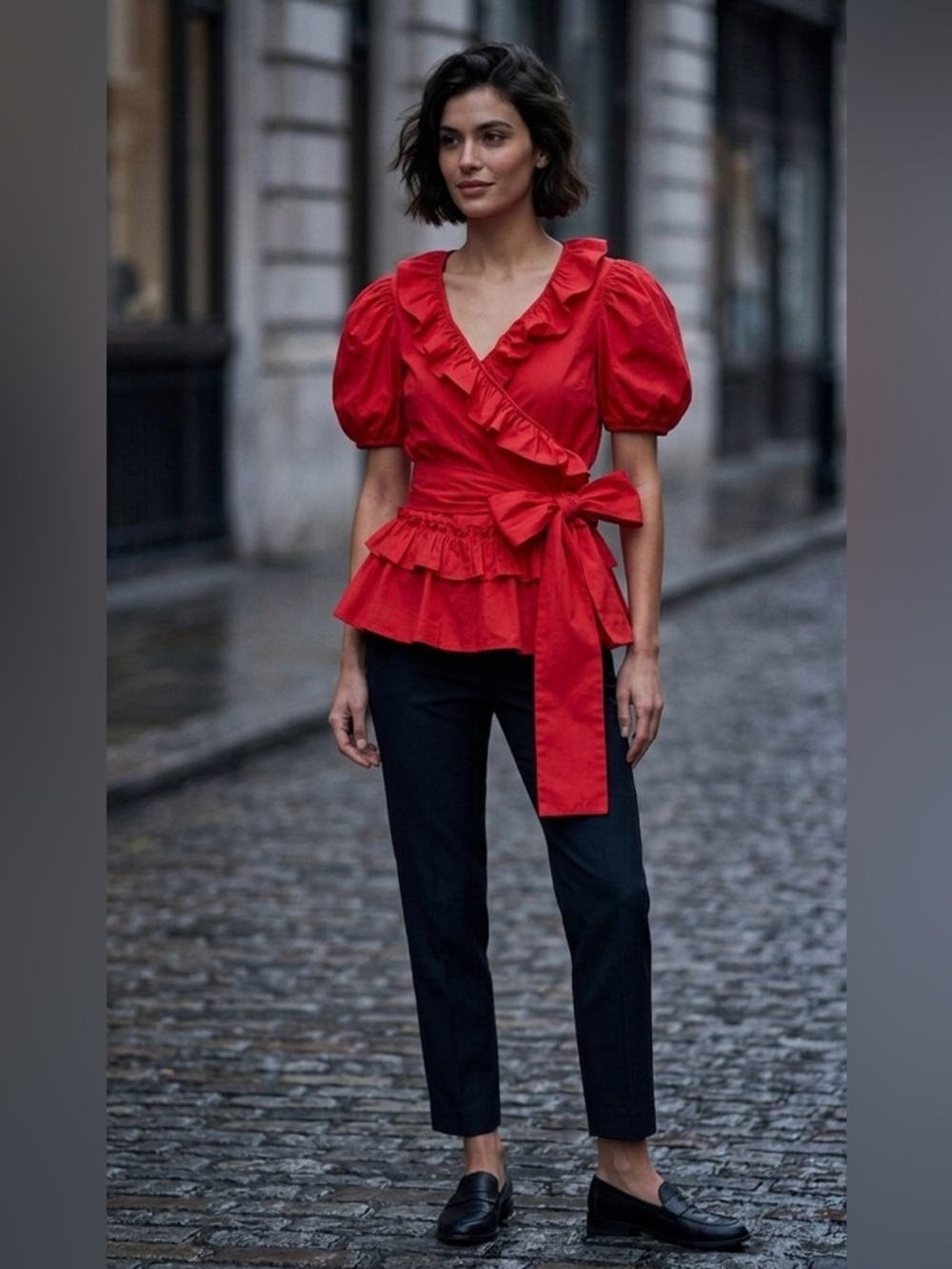 ALEXACHUNG Red Ruffle Wrap Blouse - Cotton Puff Sleeve Peplum Top sz UK 6 | US 2